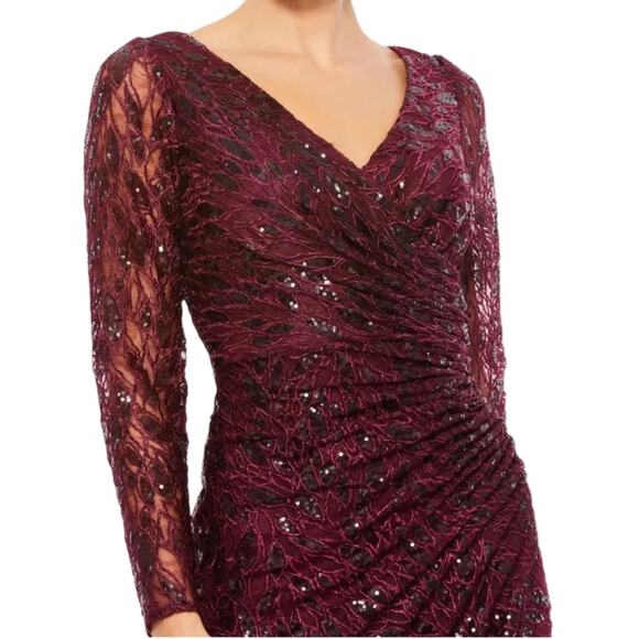 Mac Duggal Long Sleeve Ruched Sequined V-Neck Gown Garnet Women’s Sz 6 NWT - Picture 3 of 9
